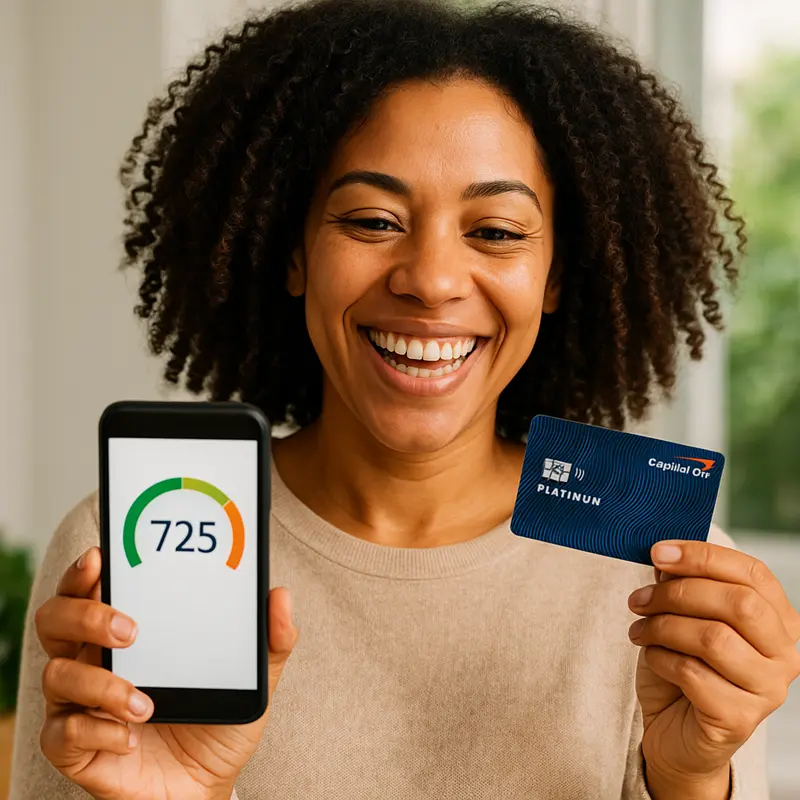 Happy user holding Capital One Platinum Secured Card while checking credit score on smartphone