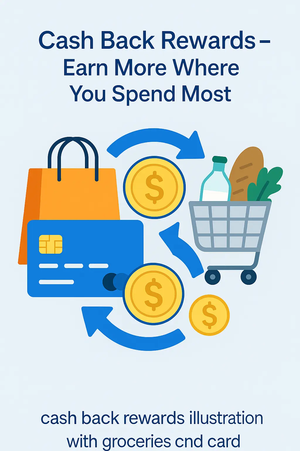 Cash back rewards illustration with grocery cart, credit card, and dollar coins