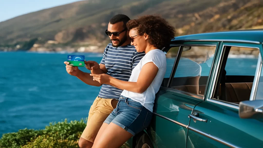 Happy couple sitting near a lake holding a Citi Double Cash Card – Earn rewards with no annual fee
