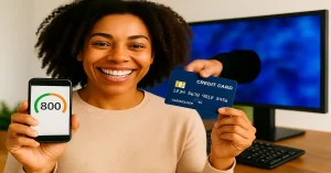 Smiling woman holding credit card and phone with good credit score for USA and Canada