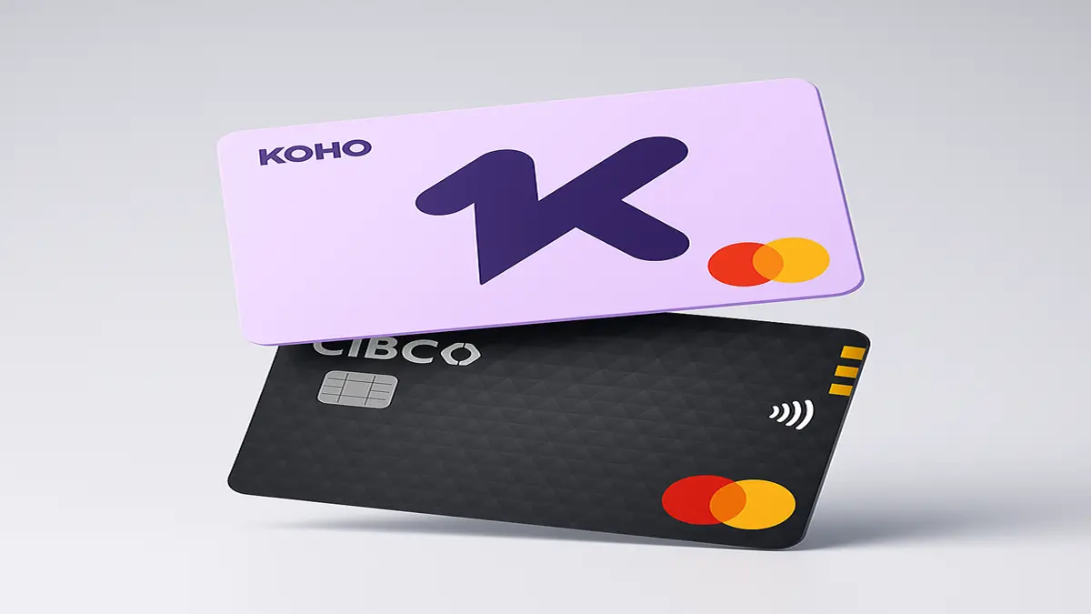 3D mockup of KOHO and CIBC Mastercard credit cards for Canada