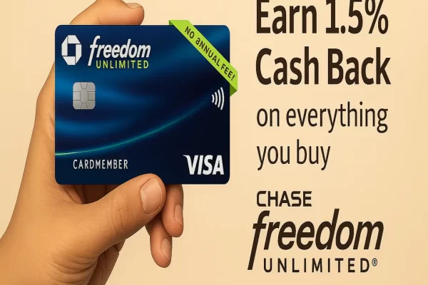 Chase Freedom Unlimited Credit Card – 1.5% Cash Back Offer Chase Freedom Unlimited Visa credit card in hand offering 1.5% cash back with no annual fee